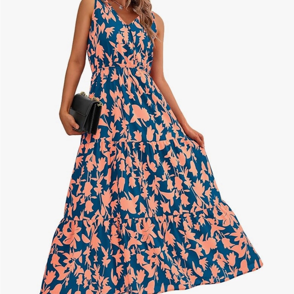 Floral Sleeveless Maxi Dress - Blue and Pink